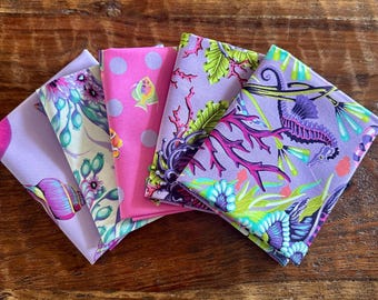 5 Piece Fat Quarter Bundle Floral Reef Ultraviolet/Delphine Colorway by Tula Pink For Free Spirit Fabrics 100% Cotton