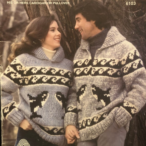 White Buffalo pattern vintage sywash cardigan pullover sweater jacket wooll knitted orca killer whale Canadian coastal design size 30 - 46