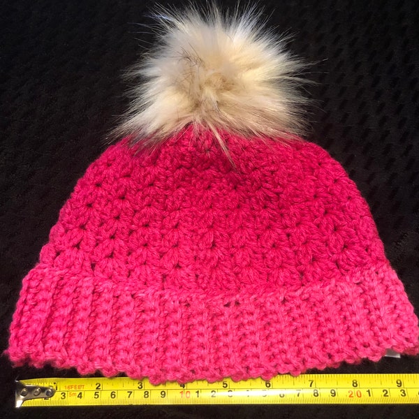 Crocheted child’s children’s girls toddlers hat toque thick warm winter faux fur pompom pink white free Shipping