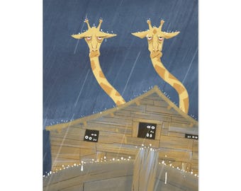 Humorvolles Poster der Arche Noah – Originalillustration eines unabhängigen Künstlers, mit durchnässten Giraffen, die im Regen aus dem Dach ragen.