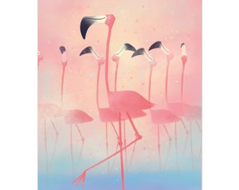Flamingo-Poster – poetische Illustration in Pastelltönen, sanftes tropisches Poster für Schlaf- oder Wohnzimmer