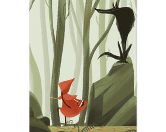 Originalillustration von Rotkäppchen und dem Wolf – Klassische Märchenillustration, poetisches Kunstposter zur Wanddekoration