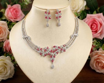 Silver Pink Crystal Necklace & Earrings – Floral Vine Jewelry Set