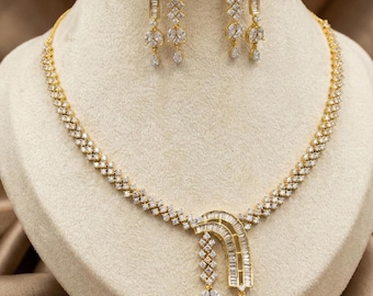 Gold Silver Crystal Necklace Set – Two Tone Baguette Necklace & Long Earrings – Elegant Party Wear Jewelry – Modern Statement Set