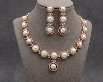 Rose Gold Pearl Bridal Necklace Set