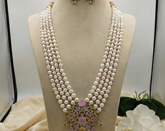 Multi-Layer Pearl Necklace Set – Pastel Stone Pendant, Matching Earrings