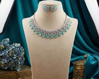 Silver Aqua Crystal Necklace & Floral Earring Set – Party Jewelry