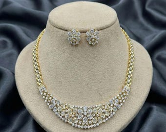 Gold & Silver Floral Crystal Necklace Set – Party Jewelry