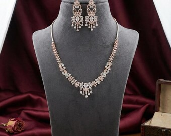 Rose Gold Crystal Necklace & Chandelier Earrings Set – Party Jewelry