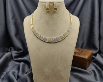 Gold Silver Crystal Choker Necklace & Hoop Earring Set