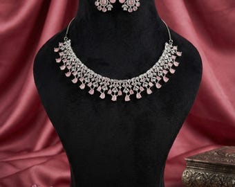 Silver Pink Crystal Necklace Set – Floral Earrings, Elegant Party Jewelry