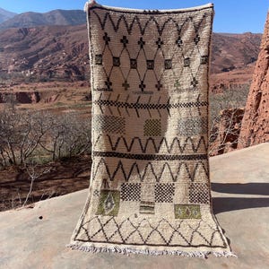 May include: A beige and black patterned rug with geometric designs. The rug features diamond, square, and zigzag patterns. The rug has a fringe along the bottom edge. The background shows a mountainous landscape.