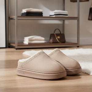 Puede incluir: Un par de zapatillas beige sin cordones con suela gruesa. Las zapatillas tienen un interior suave y difuso y un ribete decorativo alrededor de la abertura. La palabra "STONE" está impresa en el lateral de la suela.