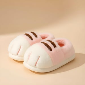 Pink Cat Paw Slippers – Fluffy Plush Cozy Home Shoes