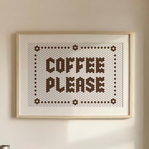 Coffee Please Printable Wall Art, Brown Mosaic Tile Style Kitchen Poster