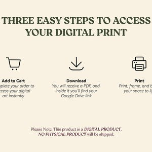 May include: Cream-colored graphic with text: "THREE EASY STEPS TO ACCESS YOUR DIGITAL PRINT." Includes icons for adding to cart, downloading, and printing. Text below each icon explains the process.