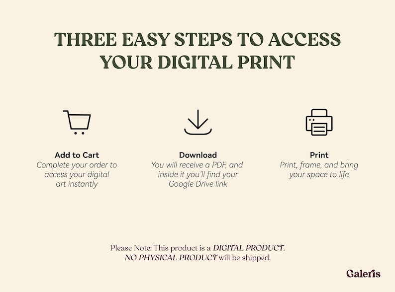 May include: Cream-colored graphic with text: "THREE EASY STEPS TO ACCESS YOUR DIGITAL PRINT." Includes icons for adding to cart, downloading, and printing. Text below each icon explains the process.