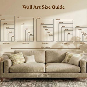 May include: A wall art size guide with various rectangular frame sizes, including 24x30, 20x27, and 20x20 inches, displayed above a beige sofa. The text "Wall Art Size Guide" is at the top. The sofa is 88 inches (223 cm) wide.