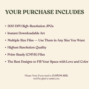 May include: Cream-colored graphic with text in a dark green font that reads "YOUR PURCHASE INCLUDES" followed by a bulleted list detailing the product's features, including high-resolution JPGs and instant downloadable art.