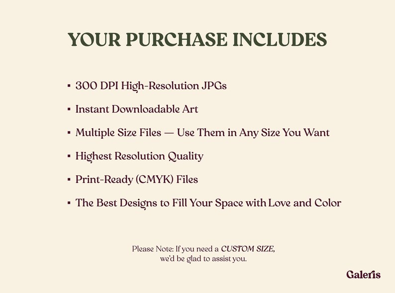 May include: Cream-colored graphic with text in a dark green font that reads "YOUR PURCHASE INCLUDES" followed by a bulleted list detailing the product's features, including high-resolution JPGs and instant downloadable art.