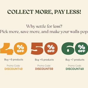 May include: Promotional graphic with text "COLLECT MORE, PAY LESS!" and discount offers. Includes "40% OFF" for buying 3+ products, "50% OFF" for 5+ products, and "60% OFF" for 7+ products. Promo codes are listed below each offer.