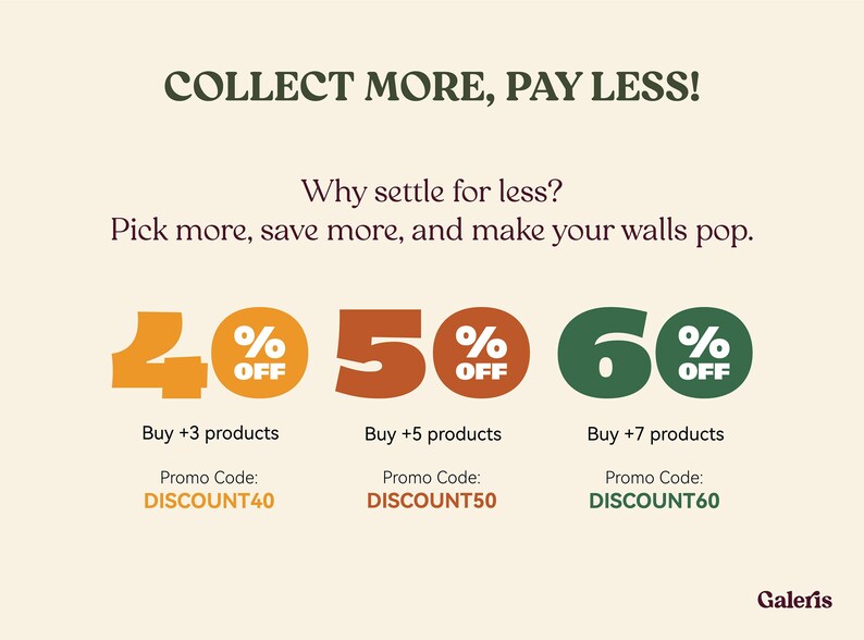 May include: Promotional graphic with text "COLLECT MORE, PAY LESS!" and discount offers. Includes "40% OFF" for buying 3+ products, "50% OFF" for 5+ products, and "60% OFF" for 7+ products. Promo codes are listed below each offer.
