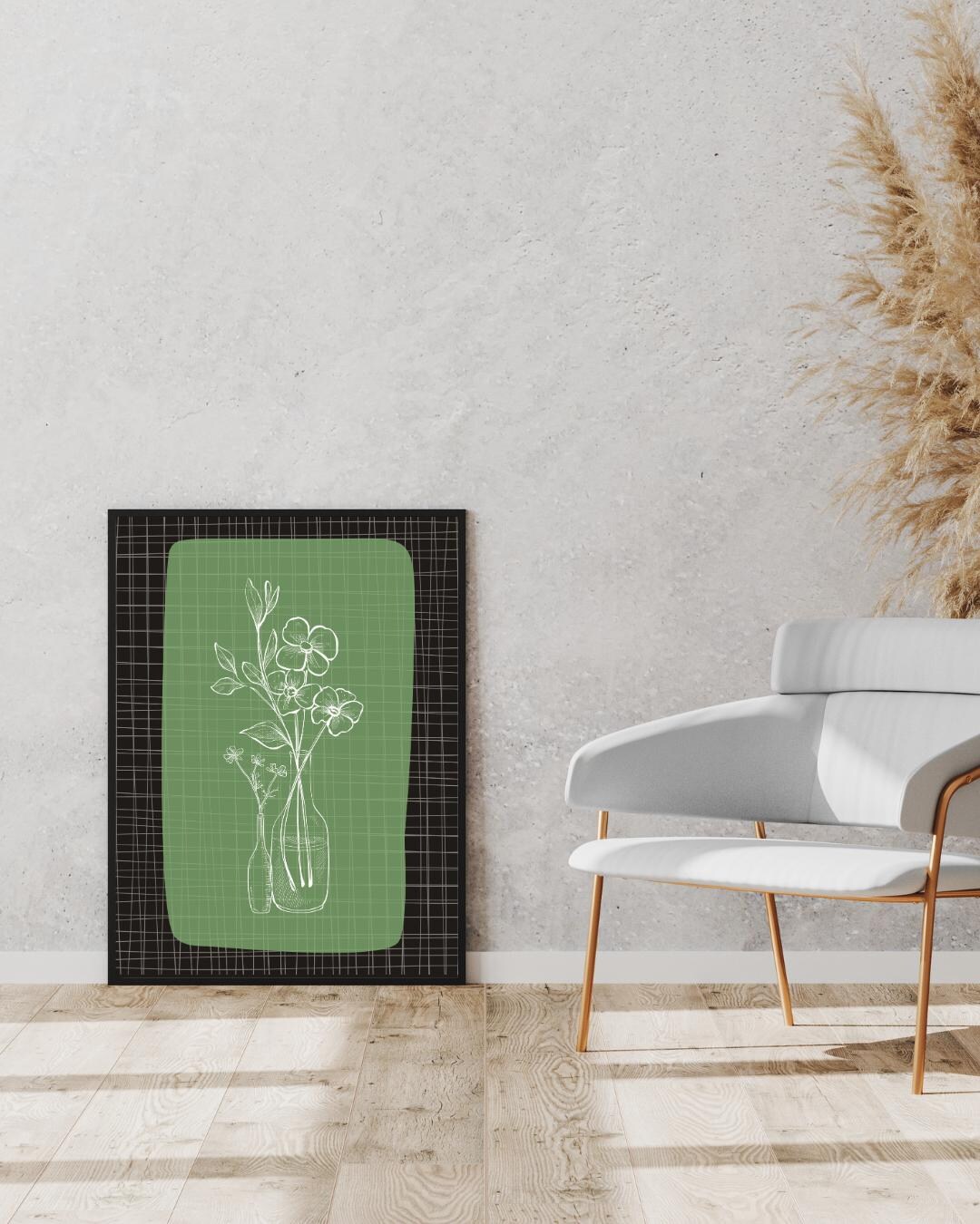 Green Botanical Line Art Print, Minimalist Flower Vase Wall Art, Modern ...