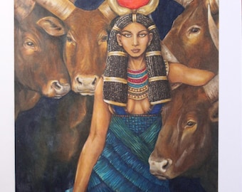 May include: A painting of a woman with a red sun disc headdress and a blue dress, surrounded by four brown cows.