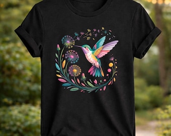 Vibrant Hummingbird Dandelion T-Shirt - Colorful Nature Lover Tee, Unique Artistic Floral Hummingbird Top