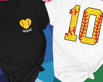 Custom Softball Name Number Shirt Heart Design Girls Team Jersey Style Tee