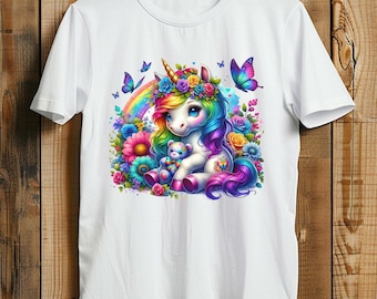 Charming Rainbow Unicorn  Teddy Bear T-Shirt | Kawaii Fantasy Floral Theme for Girls  Kids