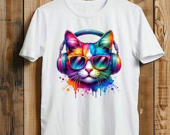 Colorful Cat Headphones Shirt Rainbow Kitty Music Lover Tee Cute Pet Graphic T-Shirt Gift For Cat Lovers