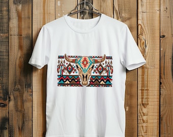 Aztec Bull Skull T-Shirt, Distressed Southwestern Geometric Pattern Tee, Boho Western Longhorn Shirt