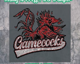 Glitter Gamecocks DTF Transfer - Red Silver Rhinestone Rooster Design
