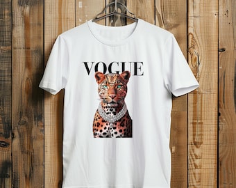 Vogu Fashion Leopard Shirt, Luxury Cheetah with Diamond Necklace Tee, Chic Fashion Animal Lover Gift