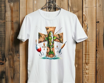 Bass Fish Camo Cross T-Shirt - Unique Christian Fishing Graphic Tee for Anglers and Outdoorsmen