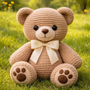 May include: A handmade, light brown crochet teddy bear with a cream-colored bow tie. The bear has dark brown eyes and paw prints on its feet. It is sitting on green grass.