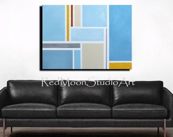 Large Abstract Art Painting Ready-to-hang; Stretched Canvas  Abstract Blue Gray Beige Yellow Red - Mid Century