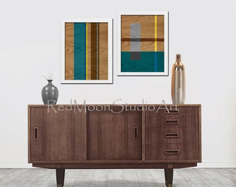 Abstract Art Prints - 2-piece set, Modern Wall Art Mid-Century Style Teal and Gray Yellow Woodgrain Art Prints