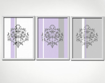 Lavender and Gray Art Print Set, 3 prints 8x10 each, Damask Wall Art