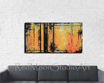 Large Painting Abstract Art Yellow Orange and Gray 48x24 Original Abstract Art