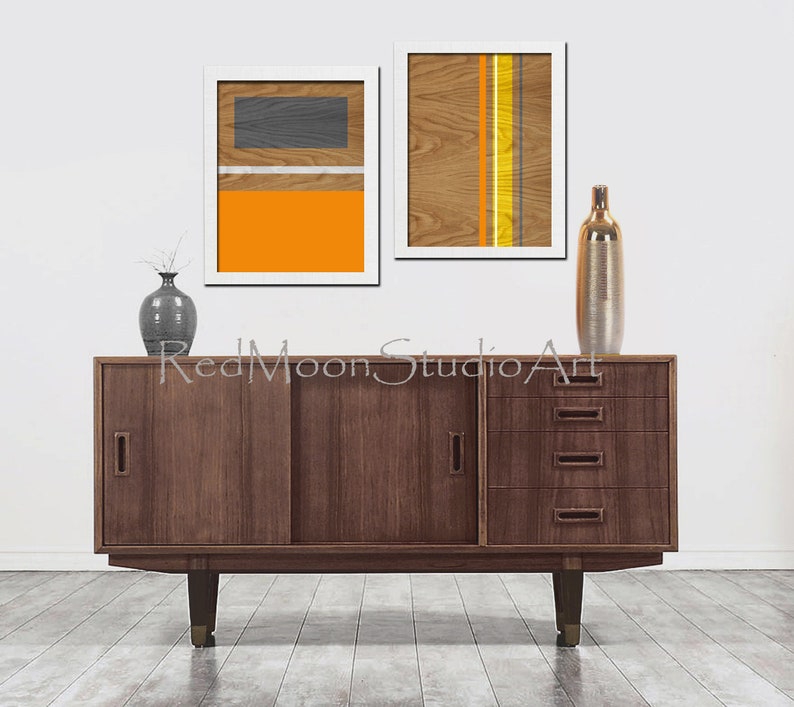 Abstract Art Prints 2-piece set, Modern Wall Art Mid-Century Style Orange Gray Yellow Woodgrain Art Prints image 2