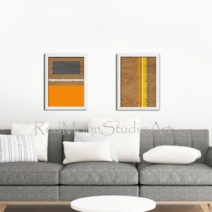 Abstract Art Prints 2-piece set, Modern Wall Art Mid-Century Style Orange Gray Yellow Woodgrain Art Prints image 3