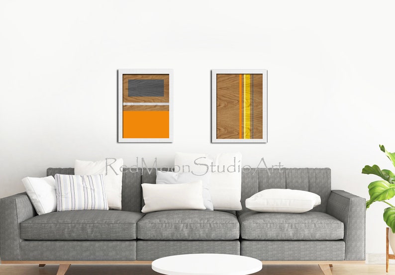 Abstract Art Prints 2-piece set, Modern Wall Art Mid-Century Style Orange Gray Yellow Woodgrain Art Prints image 3