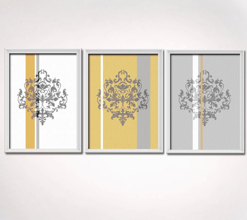 Mustard Yellow and Gray Grey Damask Art Prints 3piece Set, Unframed Etsy