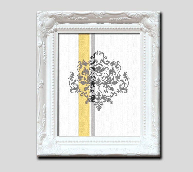 Mustard Yellow and Gray Grey Damask Art Prints 3piece Set, Unframed Etsy