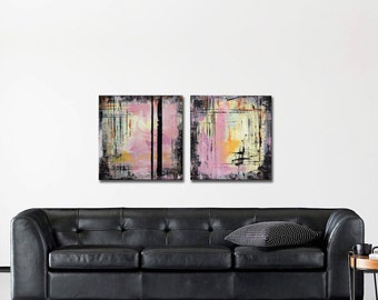 Abstract Art, Abstract Painting, Original Wall Art - 20x40 - Gray Pink Black Yellow