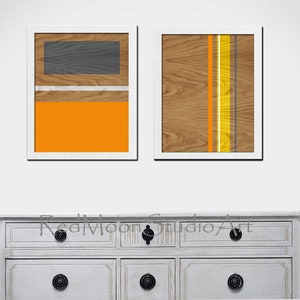 Abstract Art Prints 2-piece set, Modern Wall Art Mid-Century Style Orange Gray Yellow Woodgrain Art Prints image 4