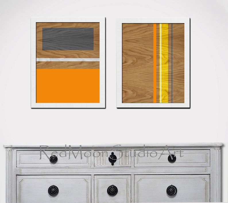 Abstract Art Prints 2-piece set, Modern Wall Art Mid-Century Style Orange Gray Yellow Woodgrain Art Prints image 4