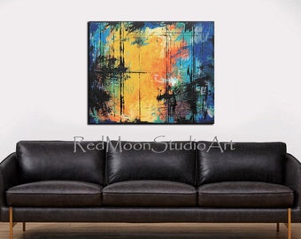 Abstract Painting Large Abstract Art, Yellow Orange Blue Black Large 48x36 Large Wall Art